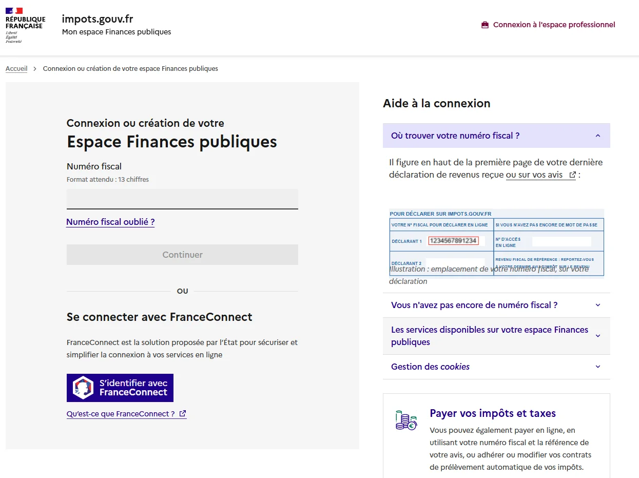page connexion déclaration impôt